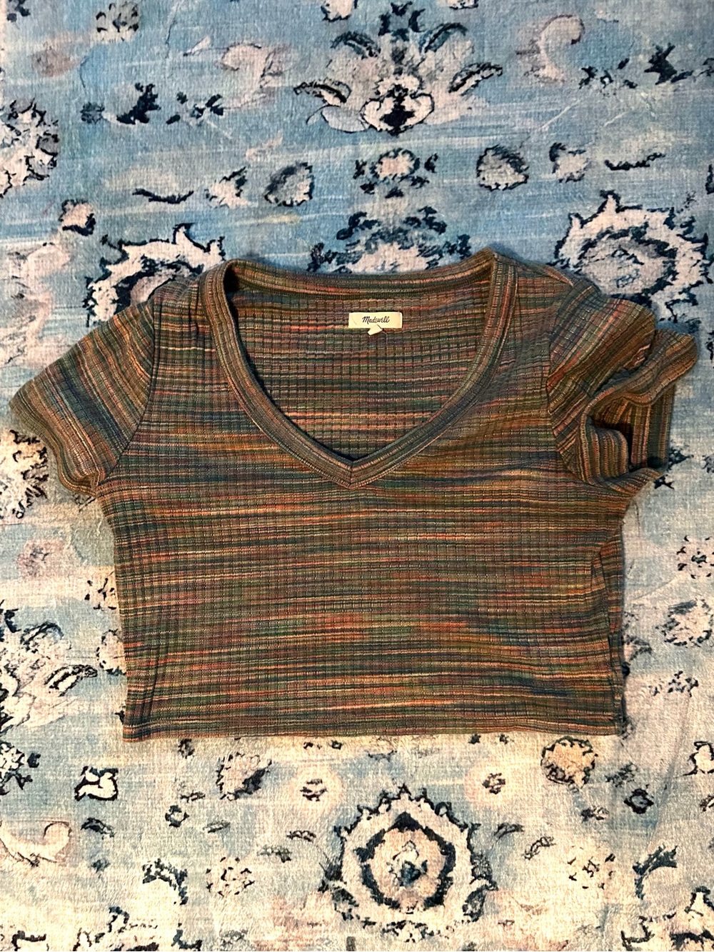 Madewell Striped Ribbed V‑Neck Crop Top in Olive, Rust & Teal